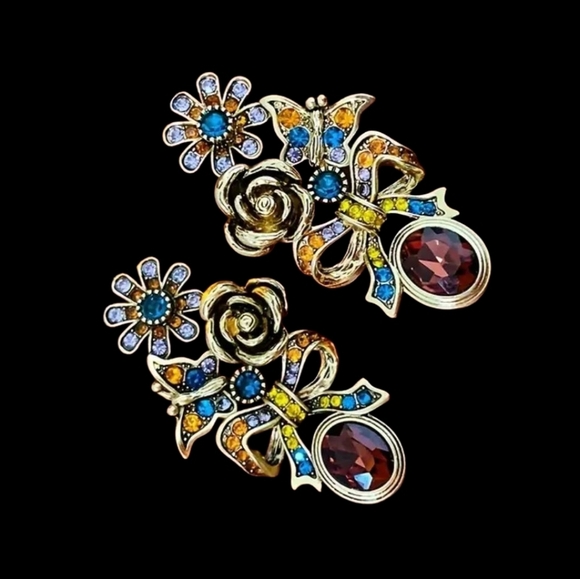 Floral Gemstone Drop Earrings Dangle Rhinestones - Picture 4 of 4